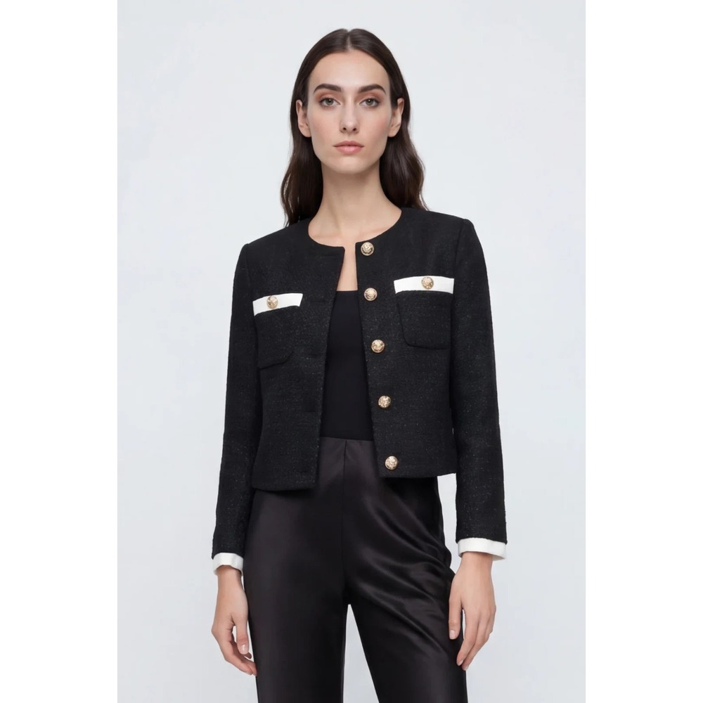 NWT Central Park West Coco Tweed Jacket L Black Cropped Gold Buttons Blazer $285 - Picture 4 of 9